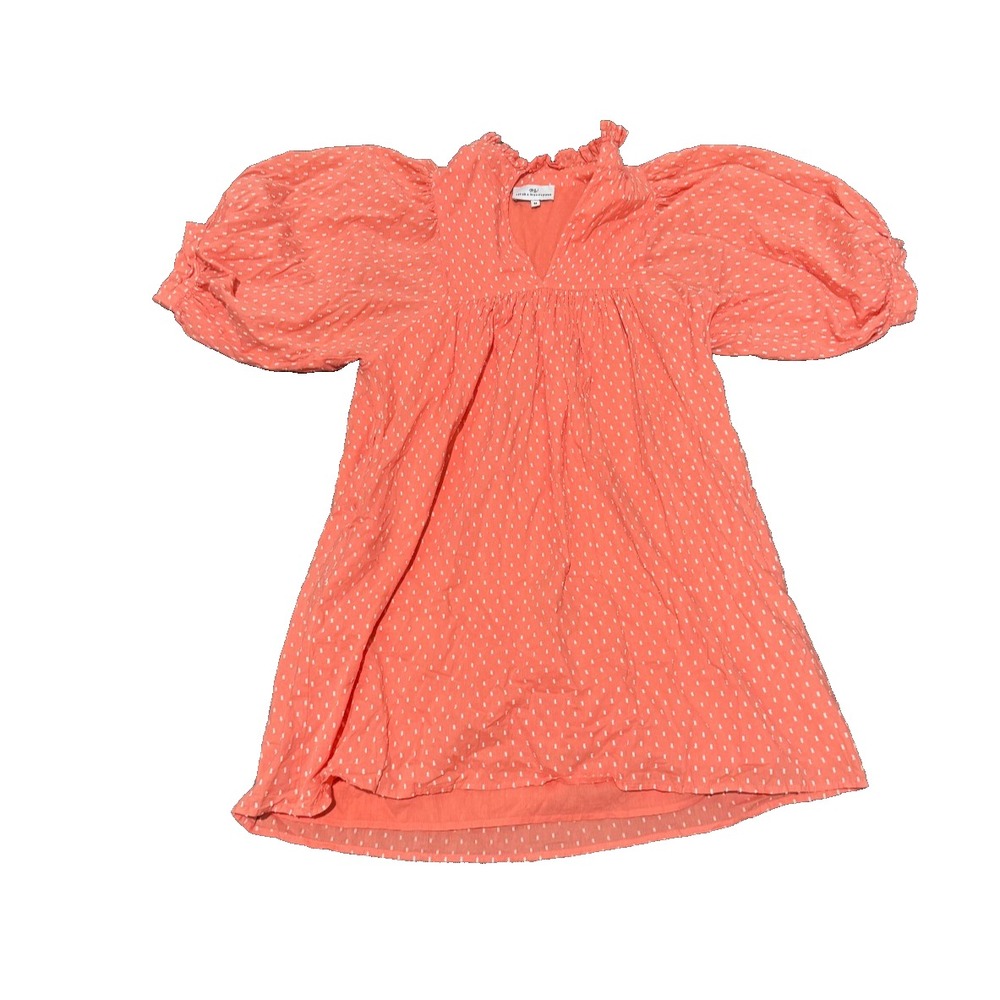 Never a Wallflower Coral Swiss Dot dress light orange Medium puff sleeves